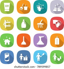 flat vector icon set - uv cream vector, bucket and broom, wiping, clean floor, skyscrapers cleaning, cleanser, vacuum cleaner, house, plunger, dry wash, powder, kitchen, woman with duster, toilet