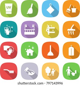 flat vector icon set - uv cream vector, broom, rag, bucket and, wiping, skysrcapers cleaning, skyscrapers, vacuum cleaner, house, plunger, dry wash, brush, garden, toilet