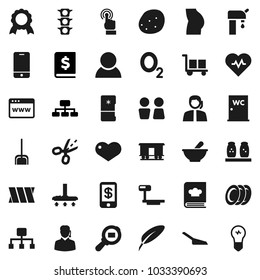 Flat vector icon set - vacuum cleaner vector, scoop, water closet, cookbook, spices, plates, potato, pen, medal, annual report, hierarchy, heart pulse, buttocks, oxygen, traffic light, support, bulb