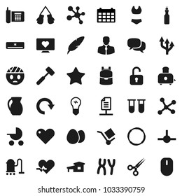 Flat vector icon set - vacuum cleaner vector, meat hammer, toaster, jug, egg, oil, pen, backpack, calendar, boxing glove, swimsuite, molecule, heart monitor, hoop, phone, client, cargo, dialog, vial