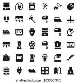 Flat vector icon set - vacuum cleaner vector, iron, kettle, mixer, oven, double boiler, table lamp, tv, rca, windmill, air conditioner, power plug, blender, epilator, fan, bulb, fireplace
