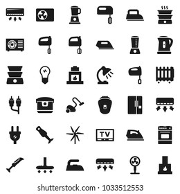 Flat vector icon set - vacuum cleaner vector, iron, kettle, mixer, oven, blender, table lamp, tv, rca, windmill, air conditioner, ari condition, fridge, power plug, multi cooker, epilator, fan, bulb