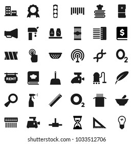 Flat vector icon set - vacuum cleaner vector, scoop, sprayer, colander, cookbook, spices, pasta, pen, corner ruler, medal, annual report, sand clock, oxygen, traffic light, barcode, antenna, dna