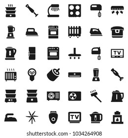 Flat vector icon set - vacuum cleaner vector, iron, kettle, mixer, oven, double boiler, blender, table lamp, tv, rca, windmill, air conditioner, ari condition, fridge, multi cooker, epilator, heater
