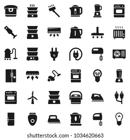Flat vector icon set - vacuum cleaner vector, iron, kettle, mixer, oven, double boiler, blender, rca, windmill, air conditioner, ari condition, fridge, power plug, multi cooker, epilator, heater