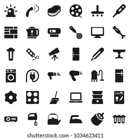 Flat vector icon set - vacuum cleaner vector, scoop, sponge, iron, steaming, washer, kettle, skimmer, mixer, oven, double boiler, blender, telescope, notebook pc, consolidated cargo, film spool, rca