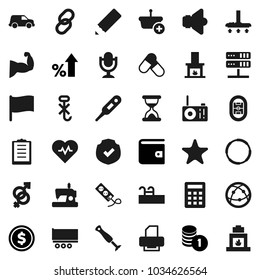 Flat vector icon set - vacuum cleaner vector, pencil, flag, dollar coin, wallet, percent growth, stack, heart pulse, muscule hand, pills, hoop, stadium, truck trailer, car, clipboard, no hook, link