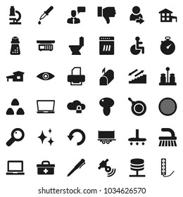 Flat vector icon set - vacuum cleaner vector, fetlock, shining, toilet, pan, hand mill, spices, sieve, cereal, mushroom, pen, microscope, notebook pc, stopwatch, stairways run, truck trailer, eye