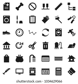 Flat vector icon set - vacuum cleaner vector, trash bin, toilet brush, washer, rubber glove, shower, oven, ruler, calculator, schedule, scissors, constellation, university, clock, hand trainer, bone