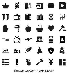 Flat vector icon set - vacuum cleaner vector, fetlock, sponge, cook glove, meat hammer, grater, pen, bell, graph, personal information, tie, dollar shield, diet, buttocks, plane, tv, touchscreen