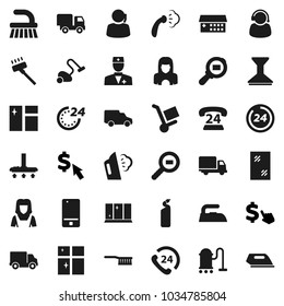 Flat vector icon set - vacuum cleaner vector, fetlock, car, window cleaning, iron, steaming, agent, shining, woman, dollar cursor, phone 24, support, delivery, cargo search, mobile, doctor, hour