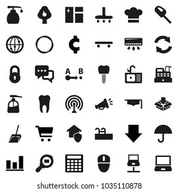 Flat vector icon set - vacuum cleaner vector, scoop, window cleaning, liquid soap, sink, cook hat, graduate, graph, cart, calculator, arrow down, cent sign, skateboard, hoop, umbrella, cargo search
