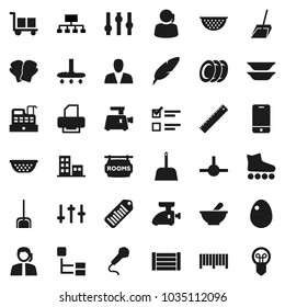 Flat vector icon set - vacuum cleaner vector, scoop, colander, plates, egg, pen, ruler, exam, hierarchy, boxing glove, roller Skates, support, wood box, cargo, barcode, settings, mobile phone, bulb