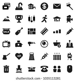 Flat vector icon set - vacuum cleaner vector, trash bin, water closet, tap, grater, turk coffee, spices, bbq, award cup, japanese candle, credit card, heart pulse, run, consolidated cargo, sorting