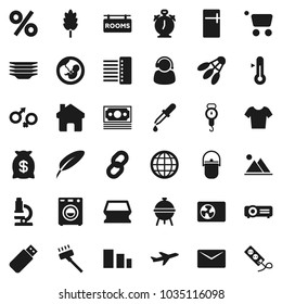 Flat vector icon set - vacuum cleaner vector, sponge, plates, camping cauldron, scales, thermometer, bbq, cereal, pen, microscope, alarm clock, t shirt, shuttlecock, plane, money, sorting, pregnancy