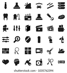 Flat vector icon set - vacuum cleaner vector, cleaning agent, shining window, ladle, toaster, microwave oven, steak, money search, binder, tie, jump rope, stairways run, satellite, ship, cinema clap