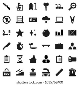Flat vector icon set - vacuum cleaner vector, fetlock, clothespin, shining, cook timer, knife, cookbook, ruler, student, case, notebook pc, clipboard, abacus, graph, crisis, manager, fitball, route