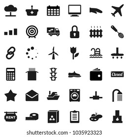 Flat vector icon set - vacuum cleaner vector, washer, shower, cook glove, skimmer, cereal, pasta, wallet, calculator, target, calendar, measuring, clipboard, snickers, pool, plane, traffic light
