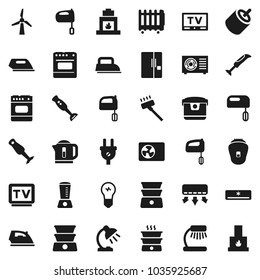 Flat vector icon set - vacuum cleaner vector, iron, mixer, double boiler, blender, table lamp, tv, rca, windmill, air conditioner, ari condition, fridge, power plug, multi cooker, oven, epilator