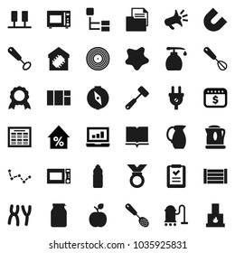 Flat vector icon set - vacuum cleaner vector, splotch, liquid soap, whisk, skimmer, meat hammer, microwave oven, jug, jar, book, apple fruit, schedule, compass, medal, magnet, constellation, disk