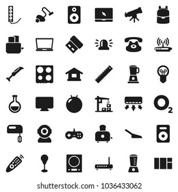 Flat vector icon set - vacuum cleaner vector, scoop, toaster, oven, ruler, backpack, telescope, punching bag, fitball, oxygen, remote control, notebook pc, classic phone, speaker, flask, siren, bulb