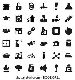 Flat vector icon set - vacuum cleaner vector, foam basin, sprayer, graduate hat, student, investment, dollar growth, tie, bike, punching bag, fitball, stadium, client, flammable, speaker, group