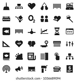 Flat vector icon set - vacuum cleaner vector, scoop, water closet, cookbook, corner ruler, graph, sand clock, hierarchy, heart pulse, boxing glove, oxygen, Railway carriage, cargo, big scales, hub
