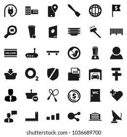 Flat vector icon set - vacuum cleaner vector, trash bin, welcome mat, plates, water closet, spatula, school building, corner ruler, world, dollar coin, manager, flag, jump rope, skateboard, oxygen