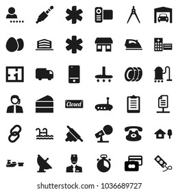 Flat vector icon set - vacuum cleaner vector, iron, plates, cook timer, rolling pin, egg, cake, drawing compass, credit card, clipboard, office, support, port, satellite antenna, microphone, classic