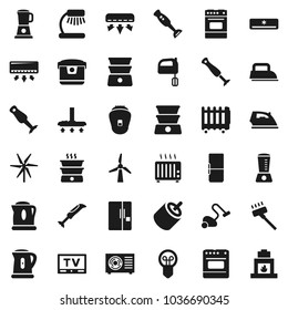 Flat vector icon set - vacuum cleaner vector, iron, kettle, mixer, oven, double boiler, blender, table lamp, tv, rca, windmill, air conditioner, ari condition, fridge, multi cooker, epilator, heater