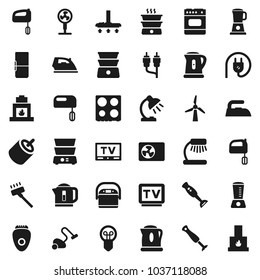 Flat vector icon set - vacuum cleaner vector, iron, kettle, mixer, oven, double boiler, blender, table lamp, tv, rca, windmill, ari condition, fridge, power plug, multi cooker, epilator, fan, bulb