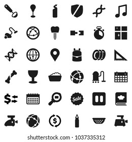Flat vector icon set - vacuum cleaner vector, foam basin, cleaning agent, plates, shining window, colander, cook timer, ladle, cookbook, corner ruler, backpack, music, exchange, punching bag, glass