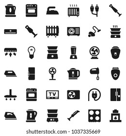 Flat vector icon set - vacuum cleaner vector, iron, kettle, mixer, oven, double boiler, blender, tv, rca, air conditioner, ari condition, fridge, power plug, epilator, fan, heater, bulb, fireplace
