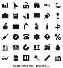 Flat vector icon set - vacuum cleaner vector, water drop, book, ruler, glasses, case, backpack, apple fruit, paper pin, magnet, graph, cash, percent growth, punching bag, shorts, route, phone, jack