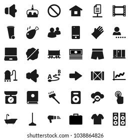 Flat vector icon set - vacuum cleaner vector, mop, trash bin, splotch, bath, rubber glove, shining window, cake, chicken leg, graph, cash, case, shorts, prohibition sign, Railway carriage, wood box