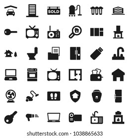 Flat vector icon set - vacuum cleaner vector, welcome mat, toilet, sink, water tap, oven, home, chalet, garage, plan, estate document, sold signboard, office building, search, key, fireplace, fridge
