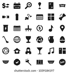 Flat vector icon set - vacuum cleaner vector, window cleaning, agent, shining, woman, colander, cook timer, ladle, jug, backpack, music, exchange, punching bag, enegry drink, calendar, glass, pin