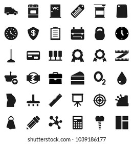 Flat vector icon set - vacuum cleaner vector, mop, towel, water drop, closet, cutting board, oven, cake, pencil, ruler, backpack, calculator, medal, presentation, case, clock, measuring, weight, car