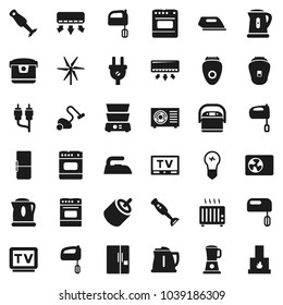 Flat vector icon set - vacuum cleaner vector, iron, kettle, mixer, oven, double boiler, blender, tv, rca, windmill, ari condition, fridge, power plug, multi cooker, epilator, air conditioner, heater