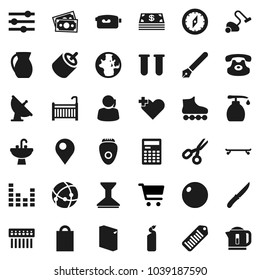 Flat vector icon set - vacuum cleaner vector, car fetlock, washing powder, liquid soap, cleaning agent, sink, knife, jug, pen, calculator, compass, scissors, world, cart, fitball, roller Skates, rca