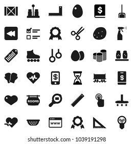 Flat vector icon set - vacuum cleaner vector, scoop, sprayer, colander, spices, egg, potato, corner ruler, medal, exam, coin stack, annual report, sand clock, boxing glove, roller Skates, wood box