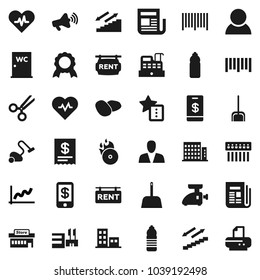 Flat vector icon set - vacuum cleaner vector, scoop, water closet, potato, medal, graph, heart pulse, bottle, stairways run, barcode, music hit, newspaper, loudspeaker, scissors, hub, favorites