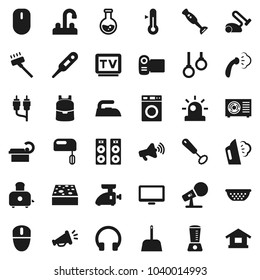 Flat vector icon set - vacuum cleaner vector, scoop, sponge, iron, steaming, washer, water tap, colander, whisk, toaster, blender, thermometer, backpack, flask, gymnast rings, microphone, tv, rca