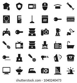 Flat vector icon set - vacuum cleaner vector, mop, welcome mat, iron, steaming, sink, skimmer, double boiler, dry cargo, key, bath, fireplace, tv, smart home, building, protect, password, dishwasher