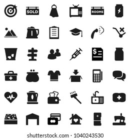 Flat vector icon set - vacuum cleaner vector, sponge, towel, trash bin, steaming, sink, kettle, jar, graduate hat, credit card, annual report, t shirt, enegry drink, first aid kit, signpost, dialog