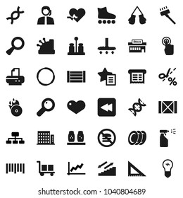 Flat vector icon set - vacuum cleaner vector, sprayer, spices, plates, corner ruler, graph, hierarchy, boxing glove, roller Skates, stairways run, no fastfood, hoop, support, wood box, cargo, heart