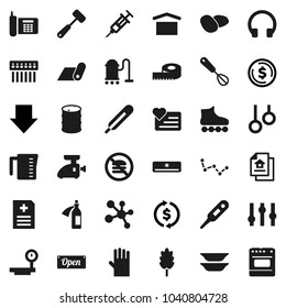 Flat vector icon set - vacuum cleaner vector, rubber glove, measuring cup, whisk, meat hammer, plates, cereal, potato, constellation, exchange, dollar coin, arrow down, roller Skates, molecule, hub