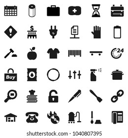 Flat vector icon set - vacuum cleaner vector, toilet brush, sprayer, rubber glove, paper, pan, spatula, cookbook, backpack, apple fruit, pen, case, auction, bank building, sand clock, skateboard