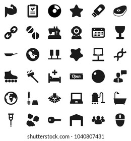 Flat vector icon set - vacuum cleaner vector, splotch, toilet brush, garbage pile, pan, steak, notebook pc, pie graph, fitball, muscule hand, roller Skates, earth, calendar, glass, speaking man, dna
