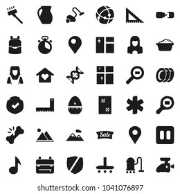 Flat vector icon set - vacuum cleaner vector, window cleaning, foam basin, plates, shining, woman, cook timer, jug, corner ruler, backpack, music, protected, cargo search, pause button, dna, pin